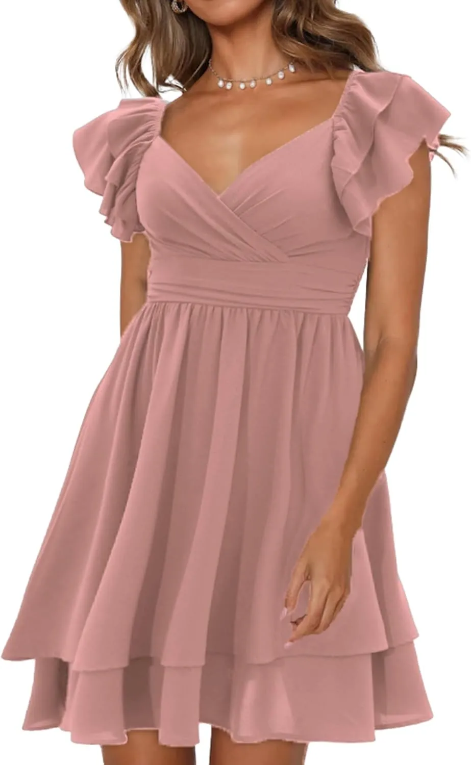 Women's Summer Dress Casual Wrap V Neck Flutter Sleeve Double Layer Ruffle Wedding Guest Short Mini Dresses