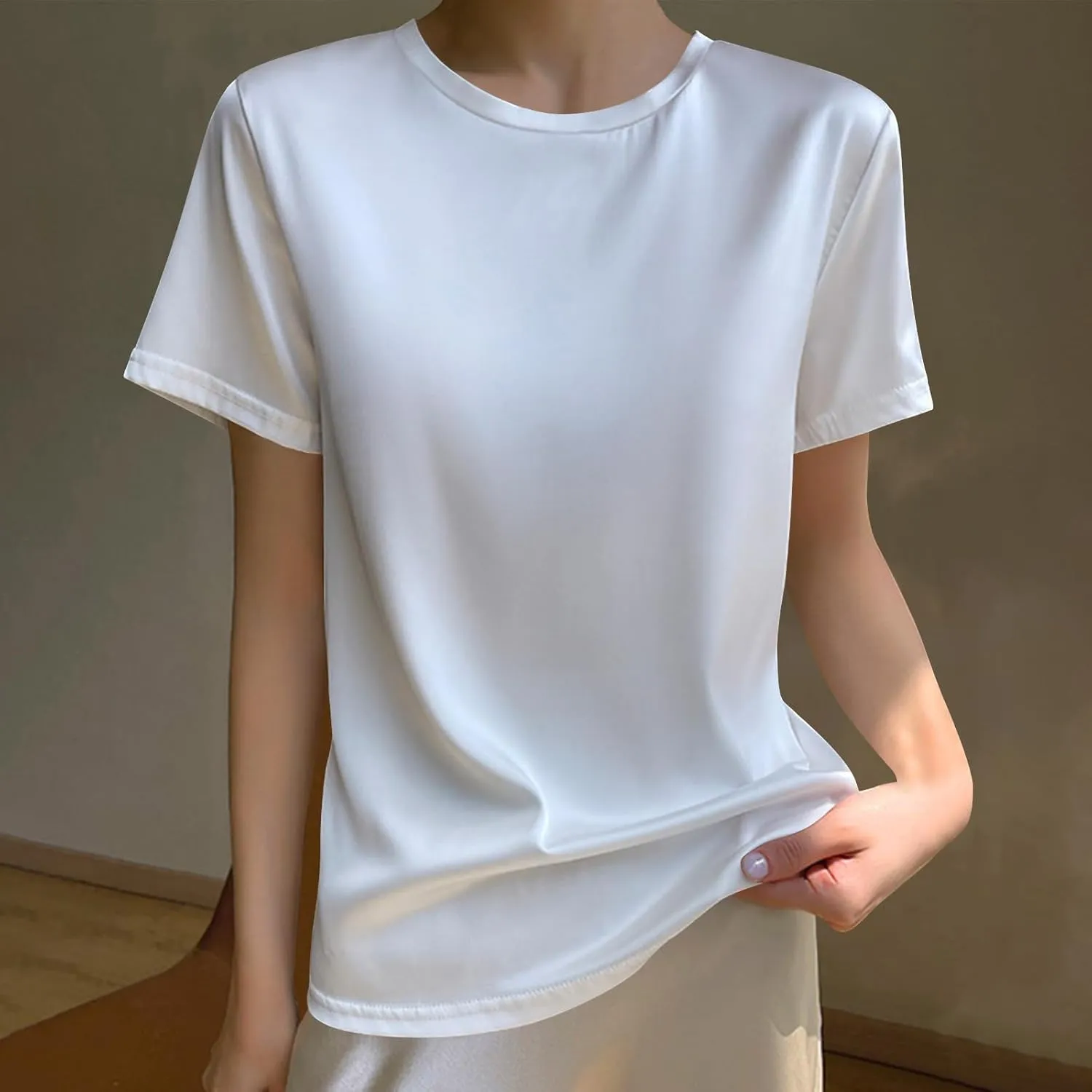 Womens Summer Tops Fashion Silk Satin Short Sleeve Vacation Beach T Shirt Comfort Dressy Casual Business Blouse Tunic