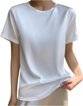 Womens Summer Tops Fashion Silk Satin Short Sleeve Vacation Beach T Shirt Comfort Dressy Casual Business Blouse Tunic