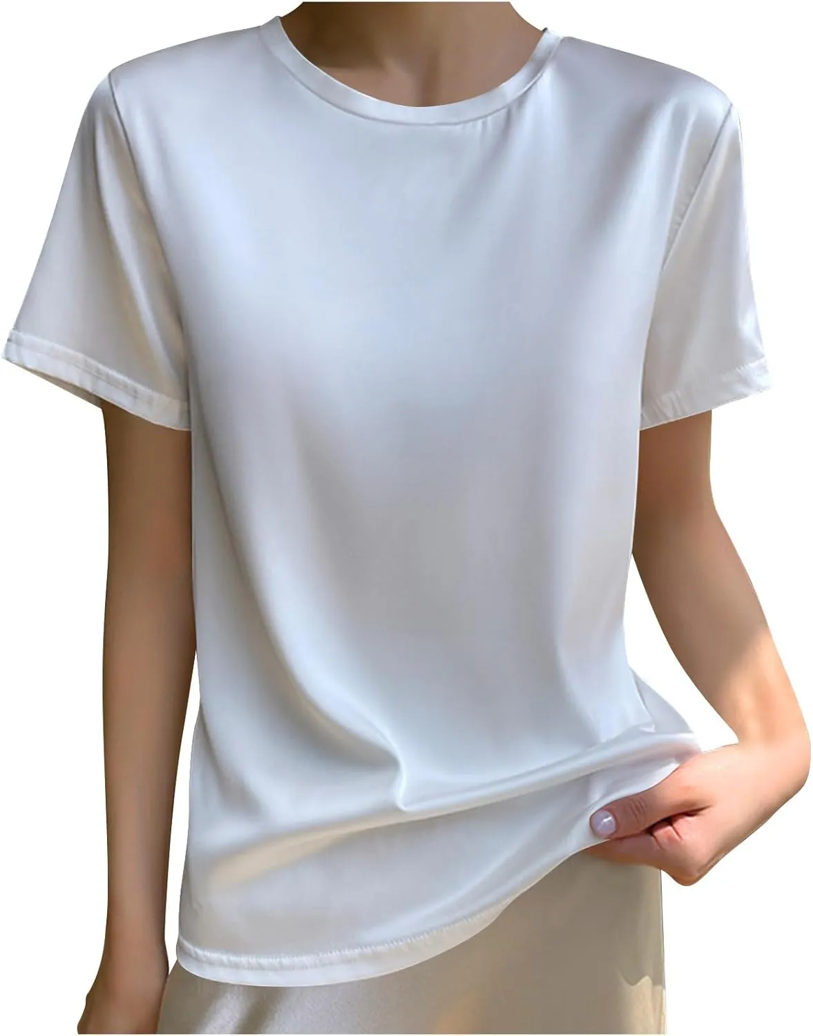 Womens Summer Tops Fashion Silk Satin Short Sleeve Vacation Beach T Shirt Comfort Dressy Casual Business Blouse Tunic