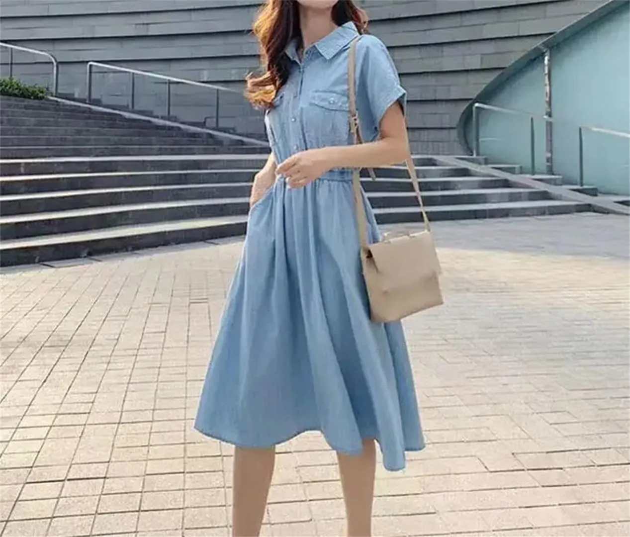 Womens Thin Ice Silk Denim Dress Summer Waist Cinching Shirt Dress Versatile Mid Length Ankle Length Jean Skirt