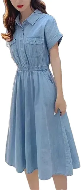 Womens Thin Ice Silk Denim Dress Summer Waist Cinching Shirt Dress Versatile Mid Length Ankle Length Jean Skirt