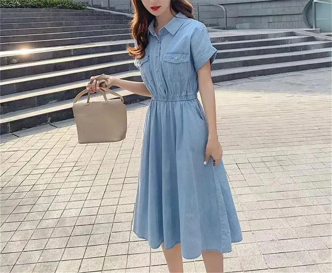 Womens Thin Ice Silk Denim Dress Summer Waist Cinching Shirt Dress Versatile Mid Length Ankle Length Jean Skirt