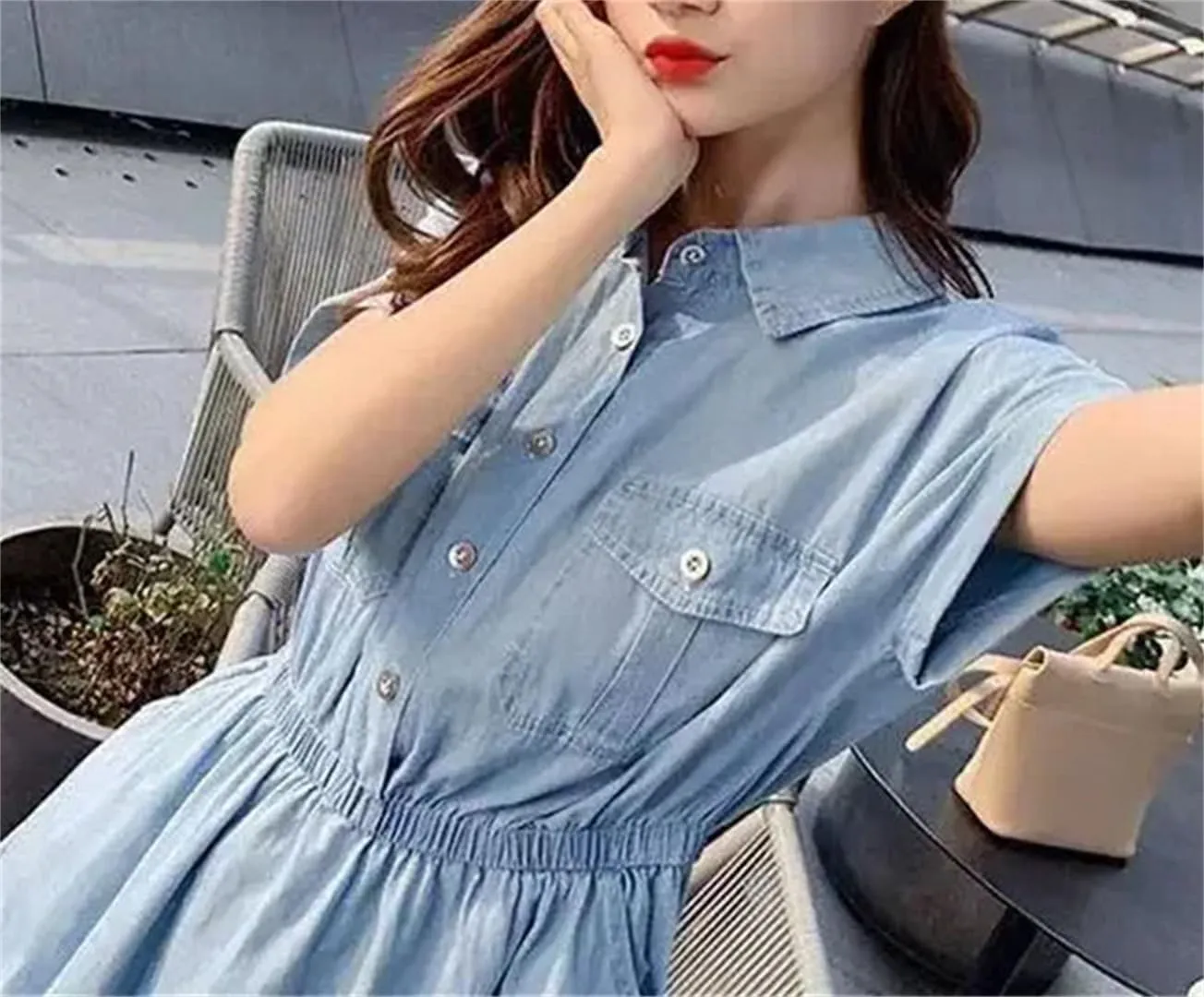 Womens Thin Ice Silk Denim Dress Summer Waist Cinching Shirt Dress Versatile Mid Length Ankle Length Jean Skirt