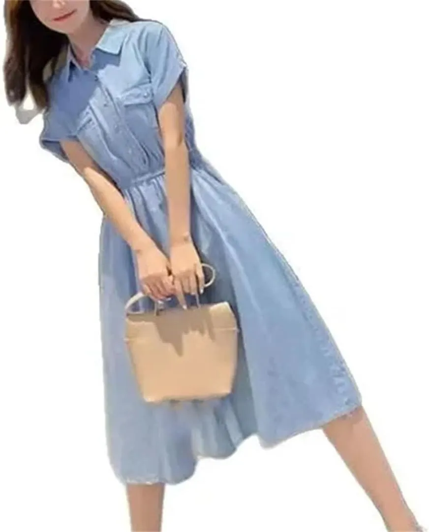 Womens Thin Ice Silk Denim Dress Summer Waist Cinching Shirt Dress Versatile Mid Length Ankle Length Jean Skirt