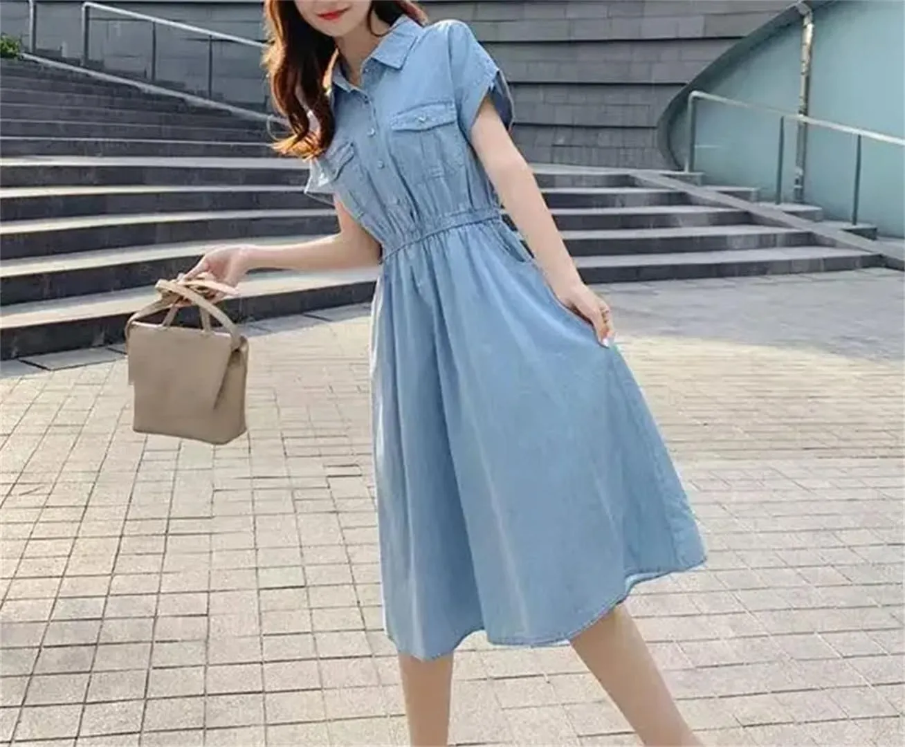 Womens Thin Ice Silk Denim Dress Summer Waist Cinching Shirt Dress Versatile Mid Length Ankle Length Jean Skirt
