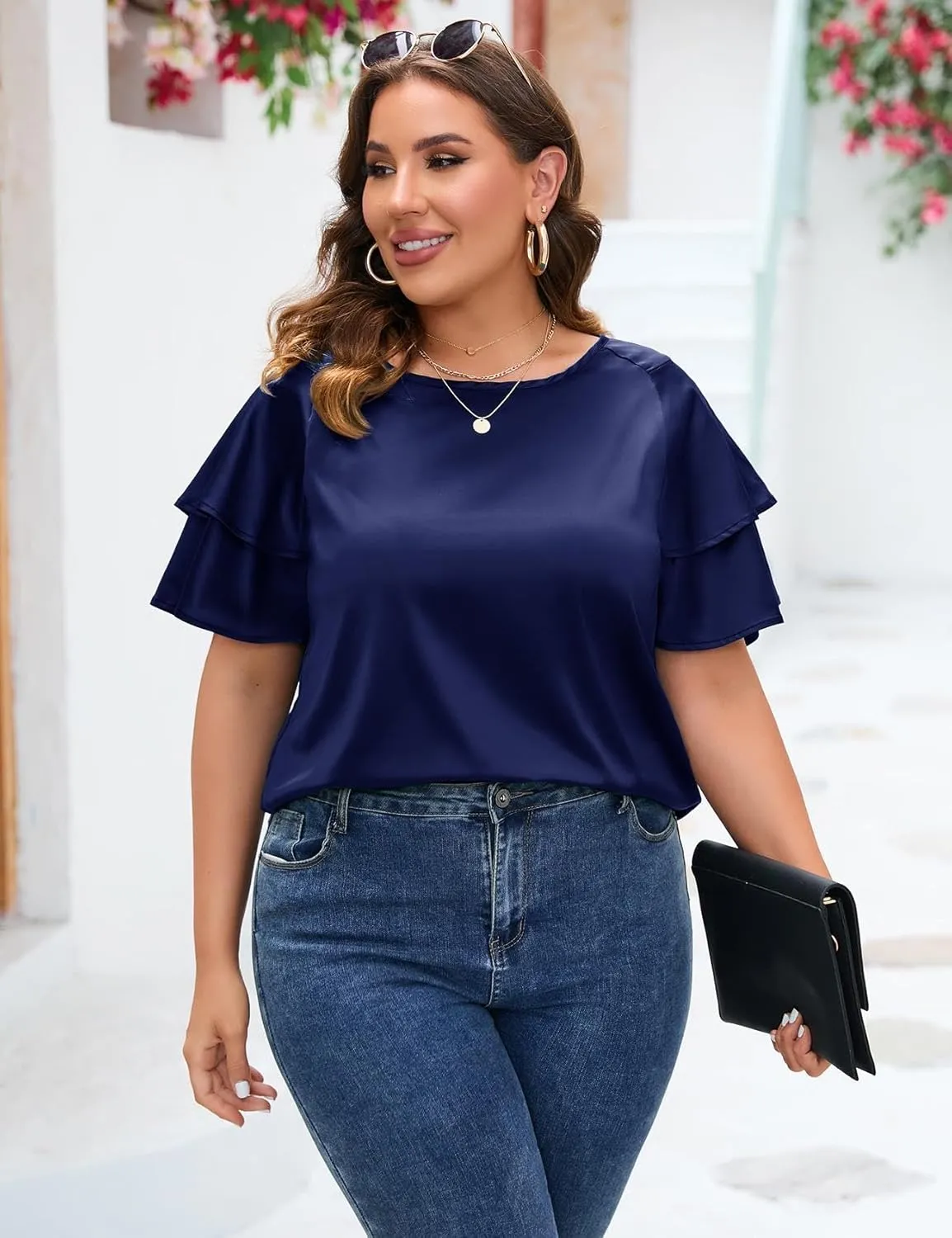 ZOMVA Women's 2024 Plus Size Satin Blouse Short Ruffle Sleeves Silk Top Dressy Shirt Office Elegant