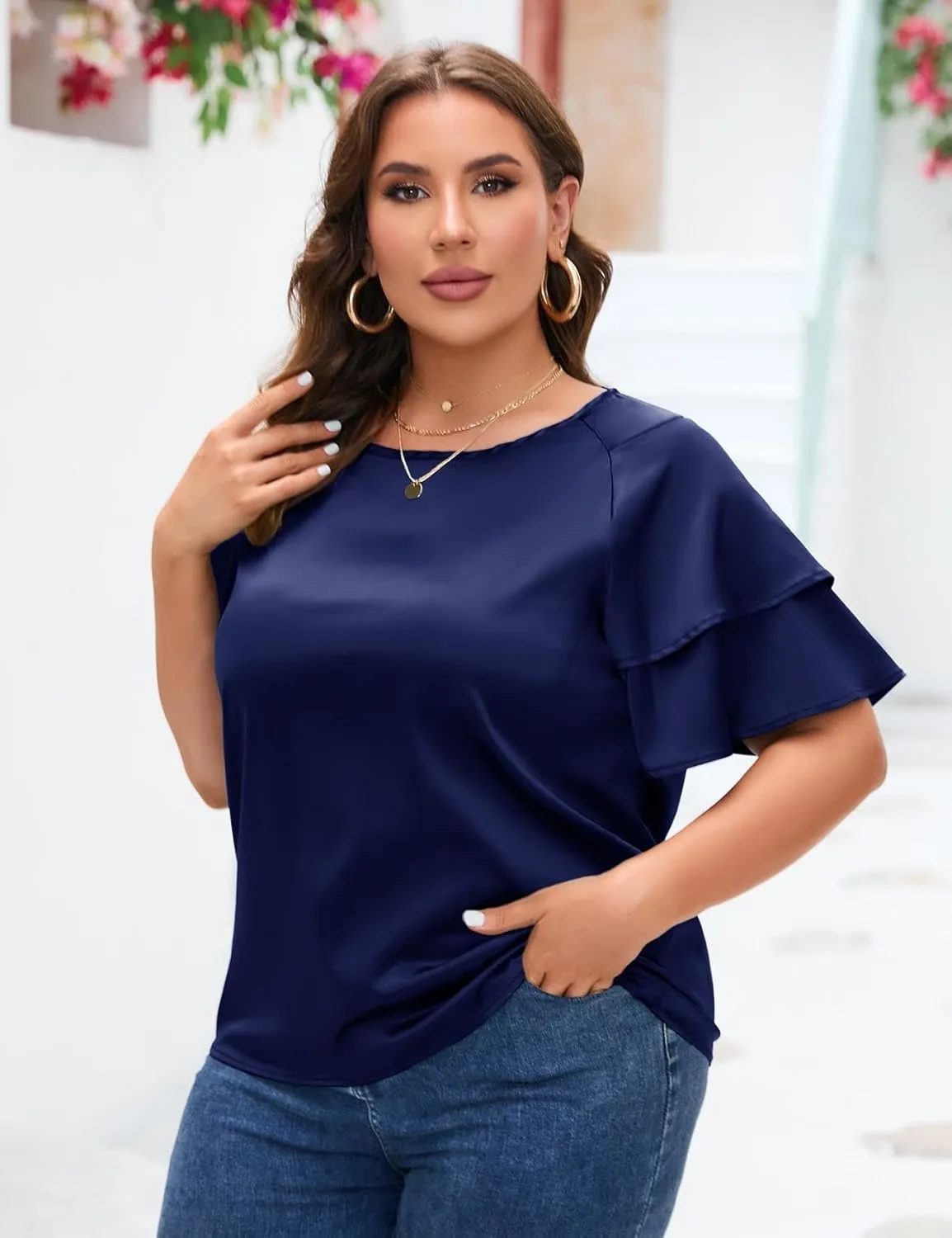 ZOMVA Women's 2024 Plus Size Satin Blouse Short Ruffle Sleeves Silk Top Dressy Shirt Office Elegant