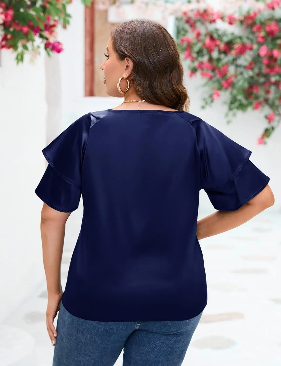 ZOMVA Women's 2024 Plus Size Satin Blouse Short Ruffle Sleeves Silk Top Dressy Shirt Office Elegant